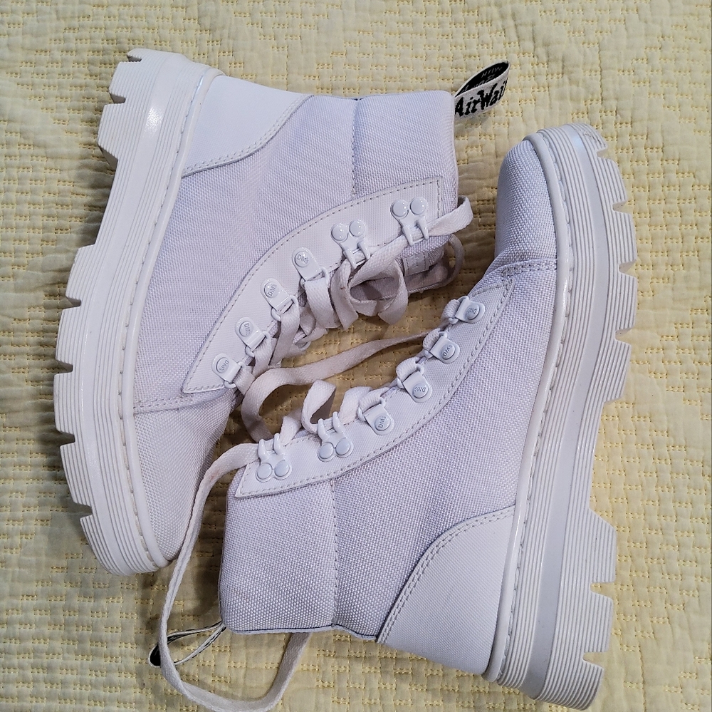 Dr Martens White Canvas Combat Moto Boots with Chunky Soles Size L-6